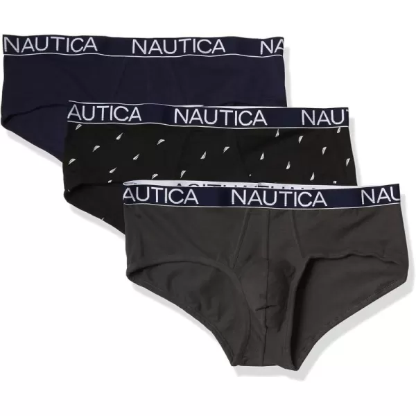 Nautica Mens 3 Pack Cotton Stretch BriefPeacoatCharcoalSail Print Black White