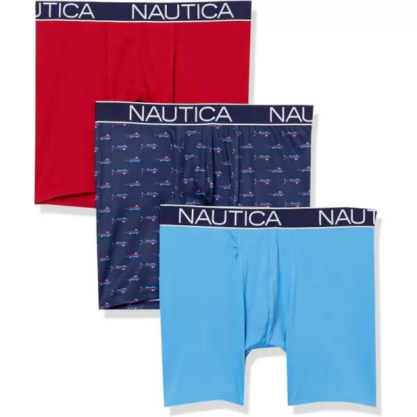 Nautica Mens Brushed Poly 3 Pack Boxer BriefNautica RedAero BlueFish Printpeacoat