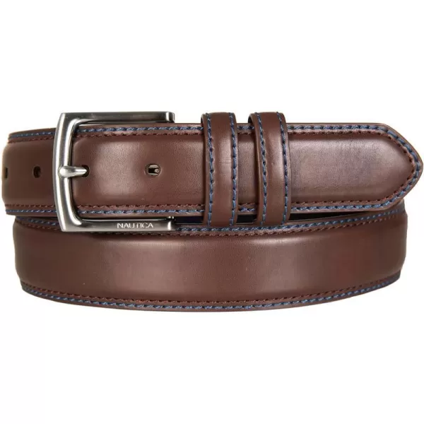 Nautica Mens Casual Padded Leather Belt with Signature OrnamentDouble Keeper  Brown