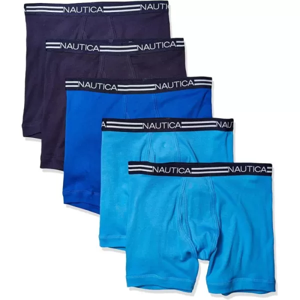 Nautica Mens Classic Cotton Boxer Brief MultipackPeacoatAero BlueSea Cobalt 5 Pack