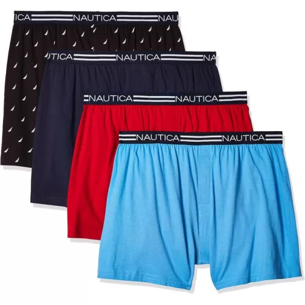 Nautica Mens Classic Cotton Loose Knit BoxerPeacoatAero BlueNautica RedSails Black 4 Pack