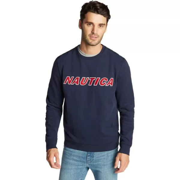 Nautica Mens Classic Fit Crewneck Logo Fleece PulloverNavy