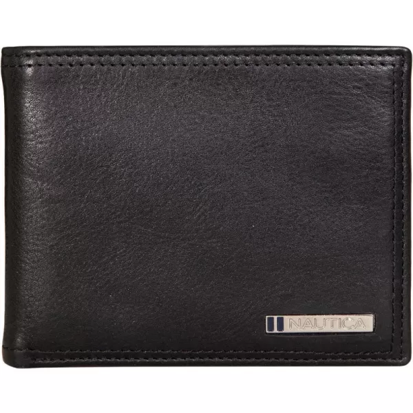 Nautica Mens Classic Leather Bifold RFID Wallet Available in Smooth or Pebble GrainEnameled Logo  Black