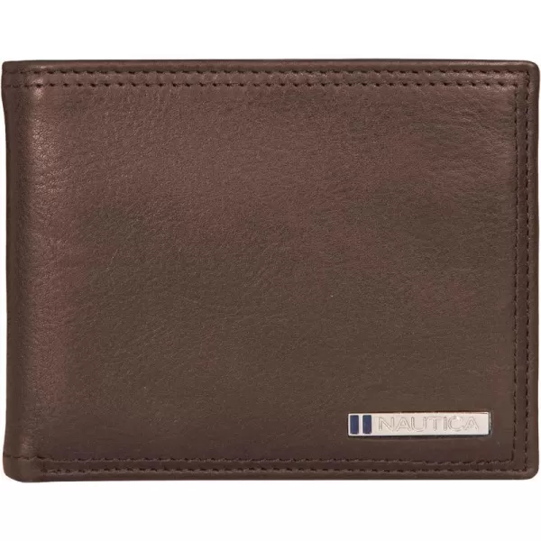 Nautica Mens Classic Leather Bifold RFID Wallet Available in Smooth or Pebble GrainEnameled Logo  Brown