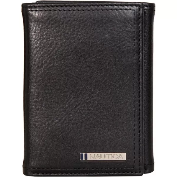 Nautica Mens Classic Leather Trifold RFID Wallet Available in Smooth or Pebble GrainEnameled Logo  Black