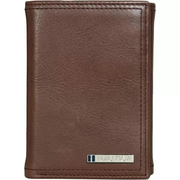 Nautica Mens Classic Leather Trifold RFID Wallet Available in Smooth or Pebble GrainEnameled Logo  Brown