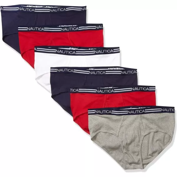 Nautica Mens Cotton Classic Multipack BriefsPeacoatNautica RedHeather GreyWhite 6 Pack