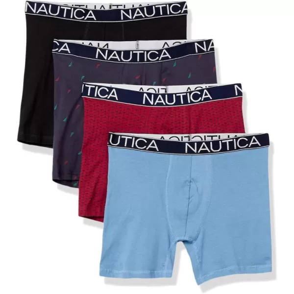 Nautica Mens Cotton Stretch 4 Pack Boxer BriefBlackAero BlueAnchor PrintSails