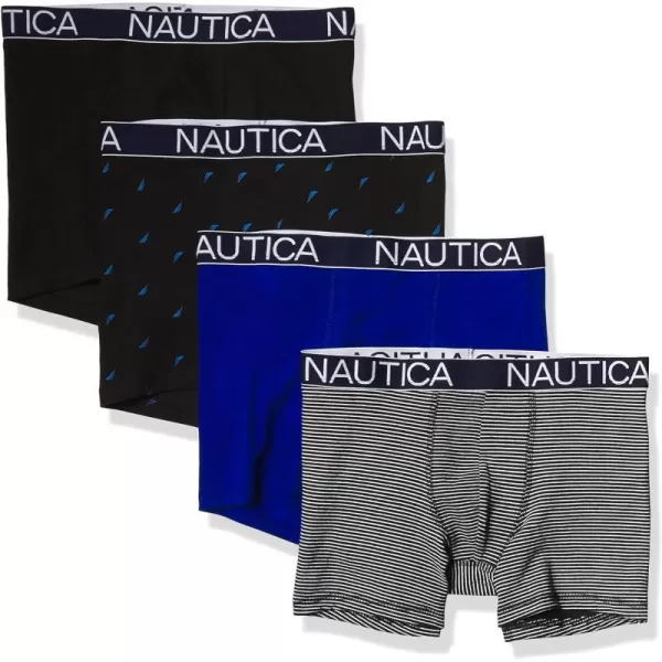 Nautica Mens Cotton Stretch 4 Pack Boxer BriefBlackBright CobaltStripe 2Sail Print