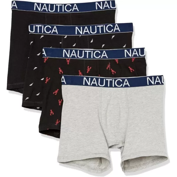 Nautica Mens Cotton Stretch 4 Pack Boxer BriefBlackHeather GreySail PrintLobster