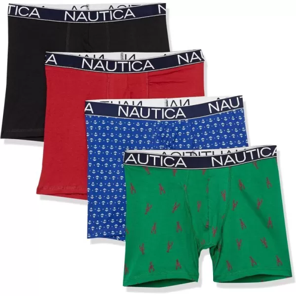 Nautica Mens Cotton Stretch 4 Pack Boxer BriefBlackNautica RedBright CobaltLobster Print