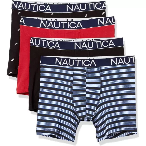 Nautica Mens Cotton Stretch 4 Pack Boxer BriefBlackNautica RedStripe BlackSail Print