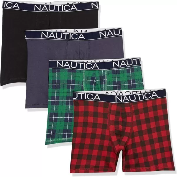 Nautica Mens Cotton Stretch 4 Pack Boxer BriefBlackPeacoatHoliday PlaidNautica Plaid