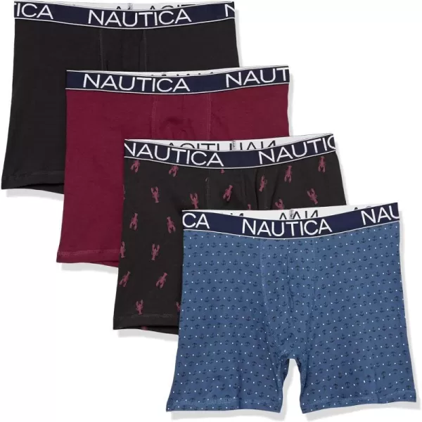 Nautica Mens Cotton Stretch 4 Pack Boxer BriefBlackTawny PortEnsign BlueLobster Print