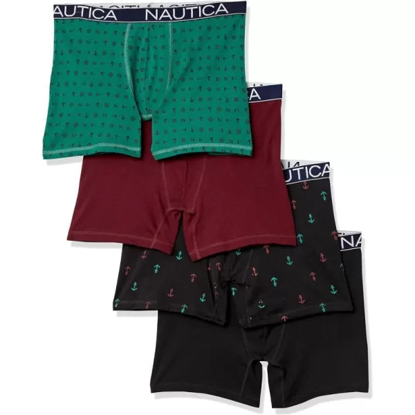 Nautica Mens Cotton Stretch 4 Pack Boxer BriefBlackTawny PortSpruce BlackAnchor Print