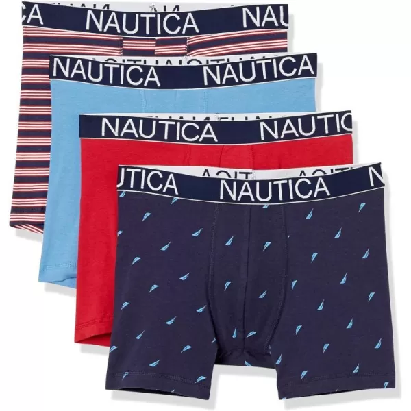 Nautica Mens Cotton Stretch 4 Pack Boxer BriefClear Skies BlueNautica RedMain StripeSail Print