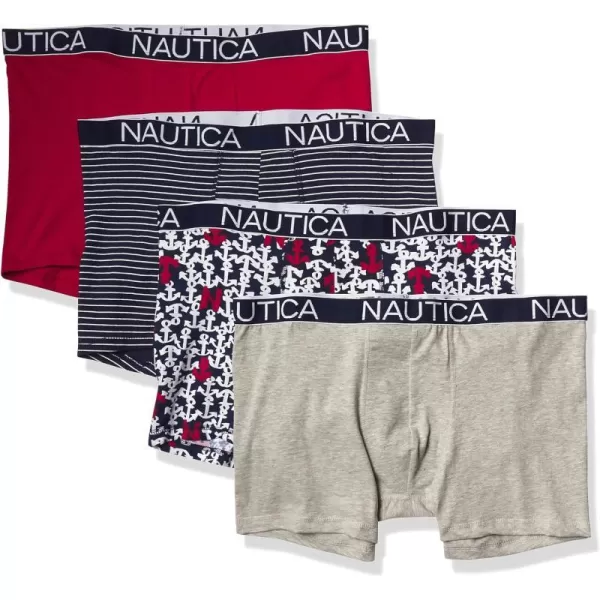 Nautica Mens Cotton Stretch 4 Pack Boxer BriefNautica RedHeather GreyPin StripeBold Anchor