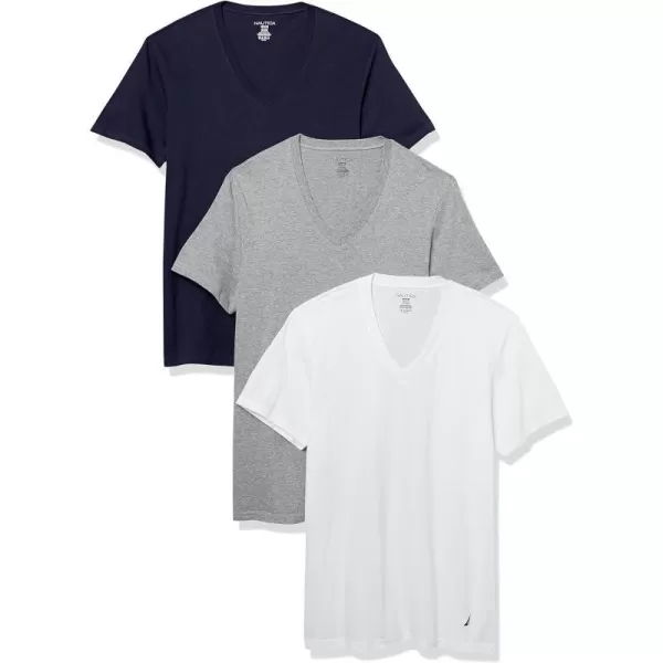 Nautica Mens Cotton VNeck TShirtMultipackWhitePeacoatHeather Grey