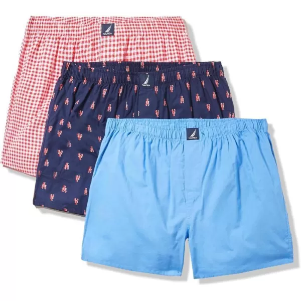 Nautica Mens Cotton Woven 3 Pack BoxerAero BlueGinghamrose CoralLobster Print