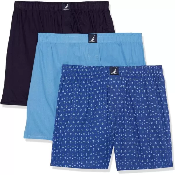 Nautica Mens Cotton Woven 3 Pack BoxerAero BluePeacoatAnchorbright Cobalt