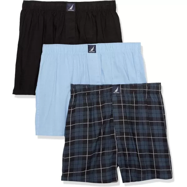 Nautica Mens Cotton Woven 3 Pack BoxerBlackCoastal SkyPlaid 1blue Black