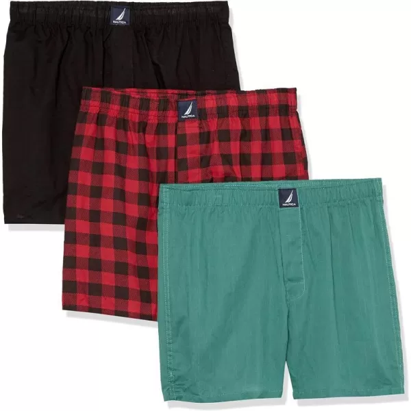 Nautica Mens Cotton Woven 3 Pack BoxerBlackSpruceBuffalo Checknautica Red