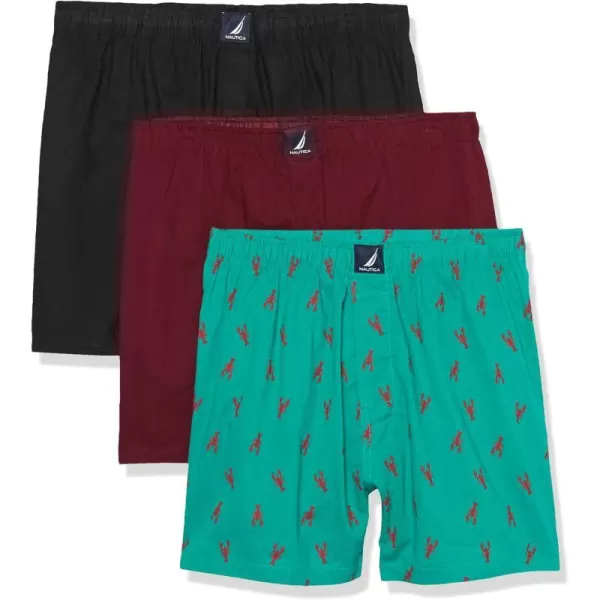 Nautica Mens Cotton Woven 3 Pack BoxerBlackTawny PortLobsterspepper Green