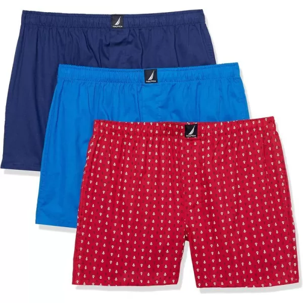 Nautica Mens Cotton Woven 3 Pack BoxerBlue DepthsPro BlueAnchor Print Cerise