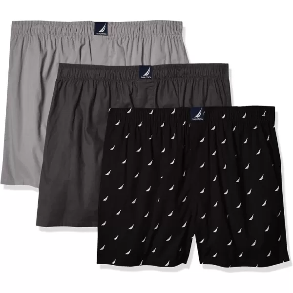 Nautica Mens Cotton Woven 3 Pack BoxerCharcoalAlloySailsblack