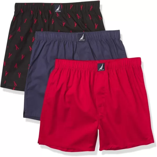 Nautica Mens Cotton Woven 3 Pack BoxerNautica RedPeacoatLobsterblack