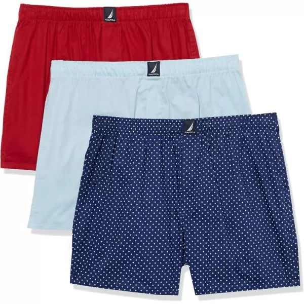 Nautica Mens Cotton Woven 3 Pack BoxerNoon BlueNautica RedPolka Dot Print