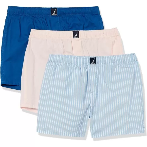 Nautica Mens Cotton Woven 3 Pack BoxerOasis PinkOcean LapisPin Stripe Silver Lake