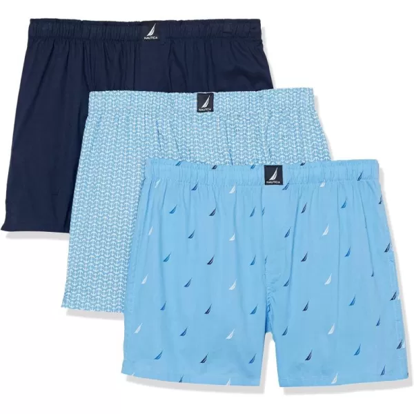 Nautica Mens Cotton Woven 3 Pack BoxerPeacoatAnchor Print AeroMulti Sails Aero