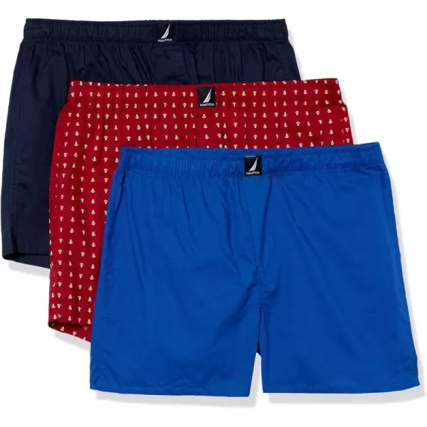 Nautica Mens Cotton Woven 3 Pack BoxerPeacoatBright CobaltAnchor Print Red