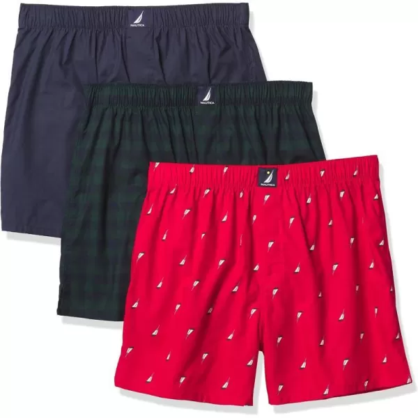 Nautica Mens Cotton Woven 3 Pack BoxerPeacoatBuffalo Checktidal GreenHoliday Sail Printred