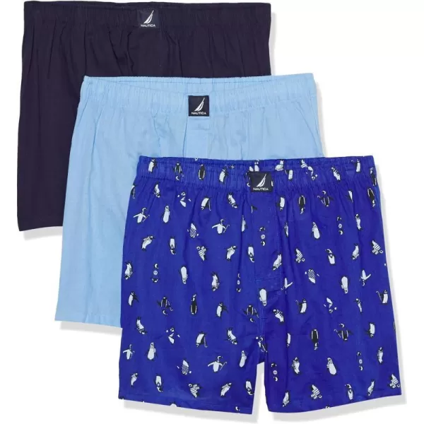 Nautica Mens Cotton Woven 3 Pack BoxerPeacoatCoastal SkyPenguinsocean Lapis