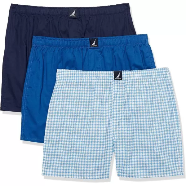 Nautica Mens Cotton Woven 3 Pack BoxerPeacoatMonaco BlueMed Check Print