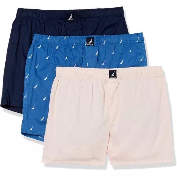 Nautica Mens Cotton Woven 3 Pack BoxerPeacoatOasis PinkSails Bolt Blue