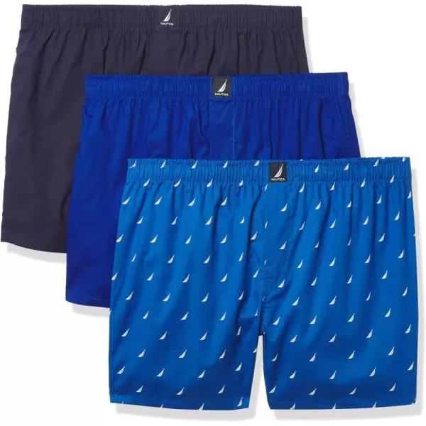 Nautica Mens Cotton Woven 3 Pack BoxerPeacoatOcean LapisSails Sea Cobalt