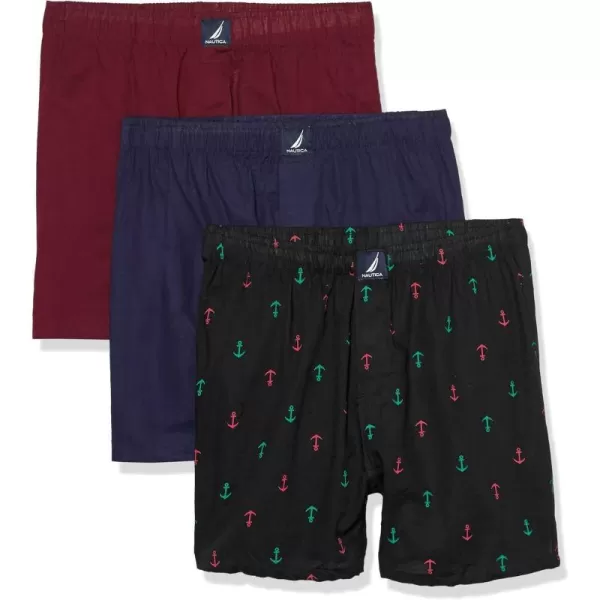 Nautica Mens Cotton Woven 3 Pack BoxerPeacoatTawny Port2 Way Anchorblack Holiday