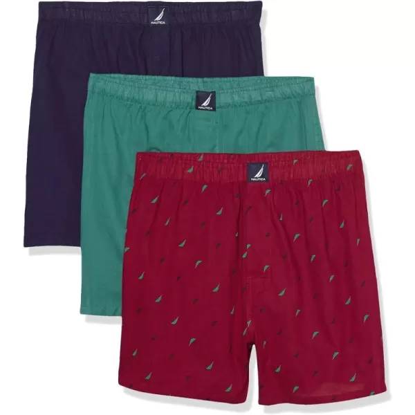 Nautica Mens Cotton Woven 3 Pack BoxerPeacoatTidal GreenSailsnautica Red Holiday