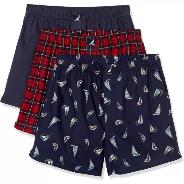 Nautica Mens Cotton Woven 3 Pack BoxerPeacoatWinter PlaidredHoliday Sailboatspeacoat