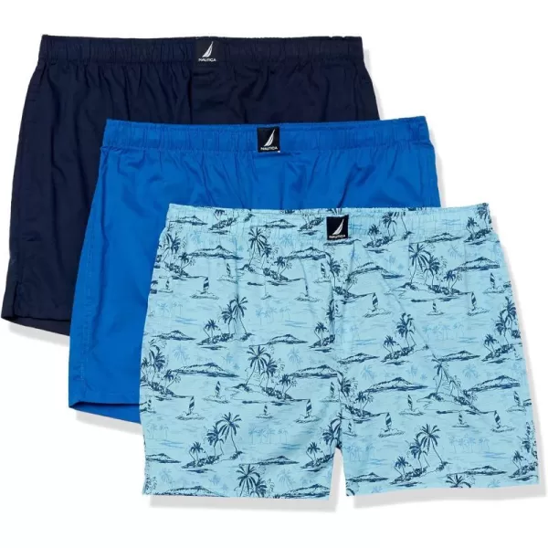 Nautica Mens Cotton Woven 3 Pack BoxerSpinner BluePeacoatTropical Scenic Print