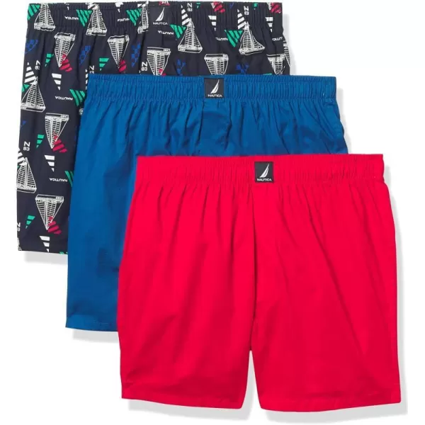 Nautica Mens Cotton Woven 3 Pack BoxerWindsurf BlueNautica RedSail Blue Print