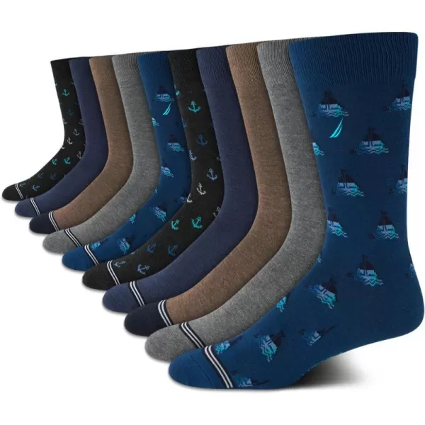 Nautica Mens Dress Socks  Patterned Crew Socks 10 PackBlueGrey