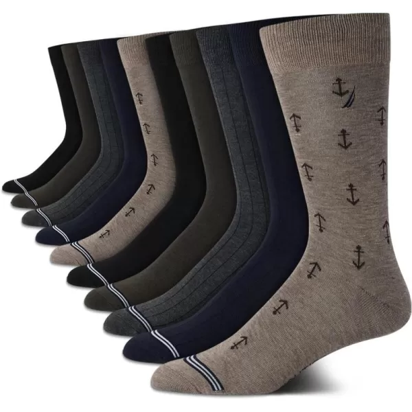 Nautica Mens Dress Socks  Patterned Crew Socks 10 PackBrownBlueBlack