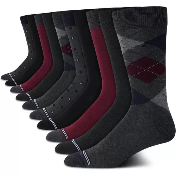 Nautica Mens Dress Socks  Patterned Crew Socks 10 PackDark Grey Heather