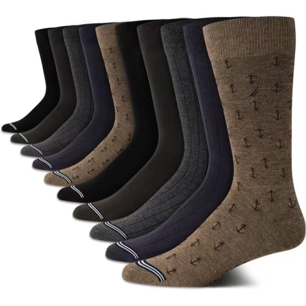 Nautica Mens Dress Socks  Patterned Crew Socks 10 PackKhakiNavyBlack