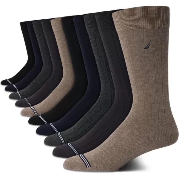 Nautica Mens Dress Socks  Solid Crew Socks 10 PackBrown Heather Assorted