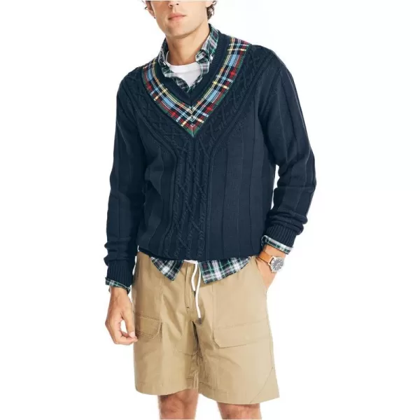 Nautica Mens Reissue Plaid CableKnit VNeckNavy